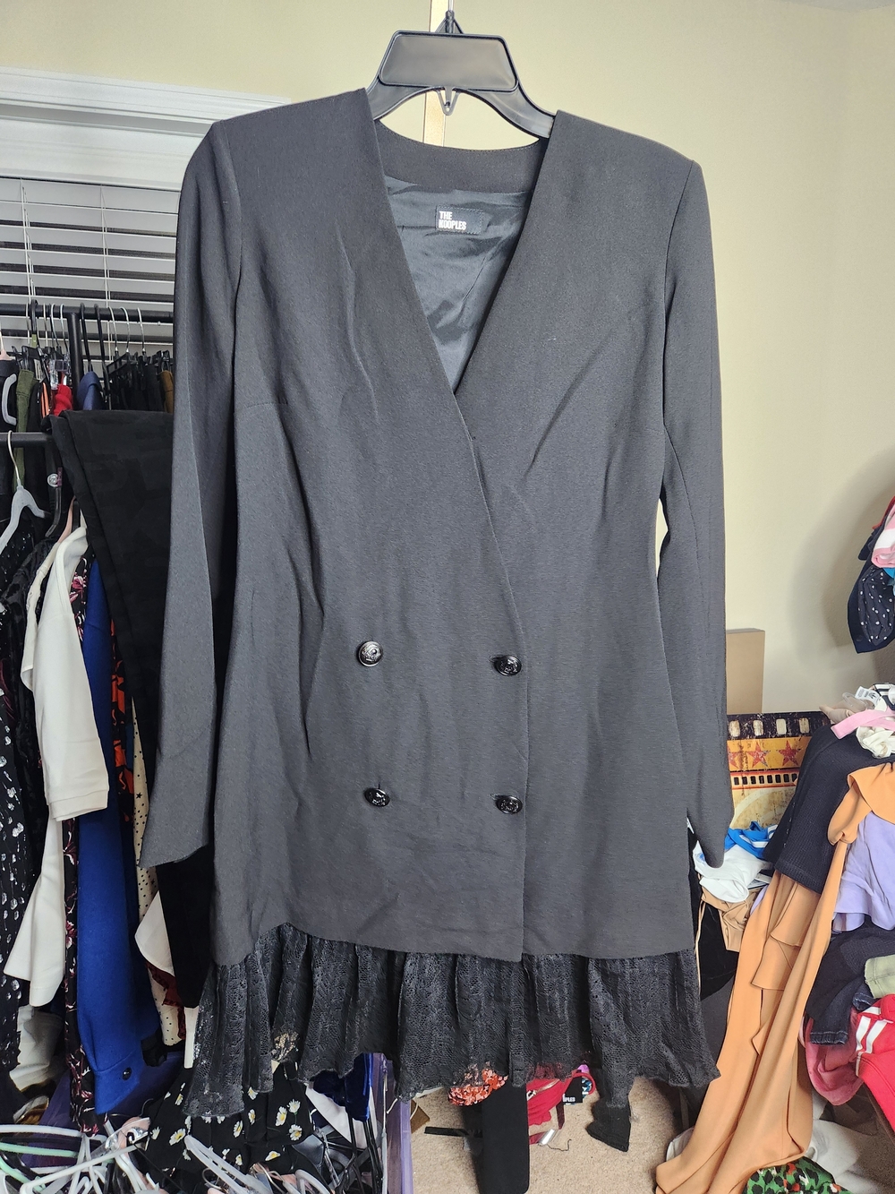 The Kooples Black Double-Breasted Blazer Dress with Lace Ruffle Hem